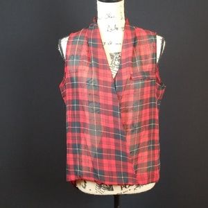 Ali & Kris plaid sleeveless wrap sheer blouse B4